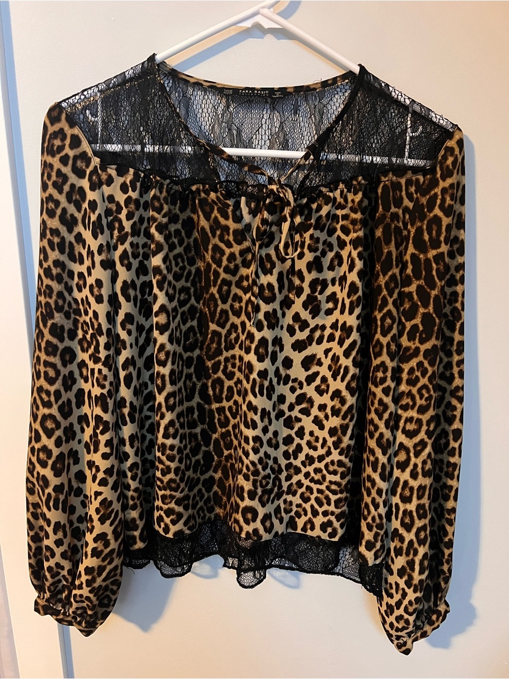 Zara Leopard Print Blouse with Black Lace Yoke